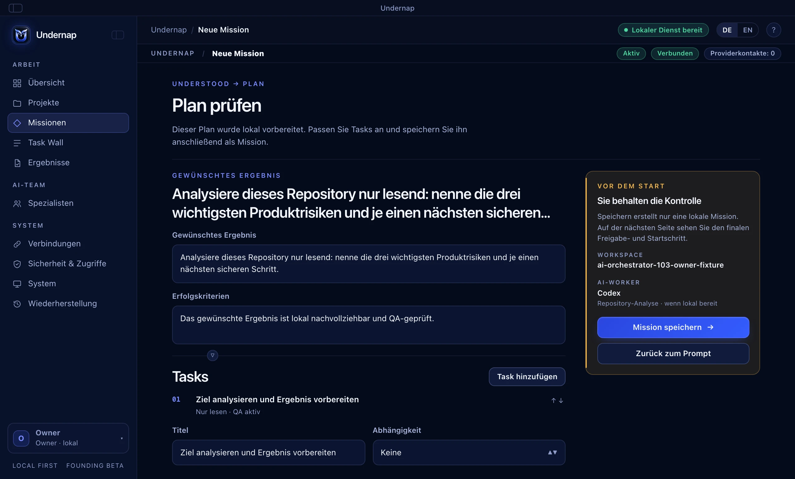 Designvorschau der Plan-Prüfung in der dunklen Undernap-Oberfläche: eine Aufgabenliste mit Erfolgskriterien und dem Hinweis „Sie behalten die Kontrolle“.
