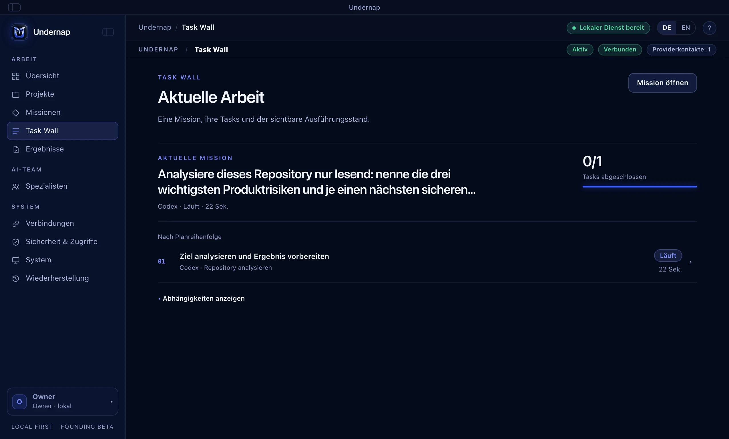 Designvorschau der Task Wall in der dunklen Undernap-Oberfläche: eine laufende Mission mit Fortschritt und dem Status „Läuft“ auf einer Codex-Verbindung.