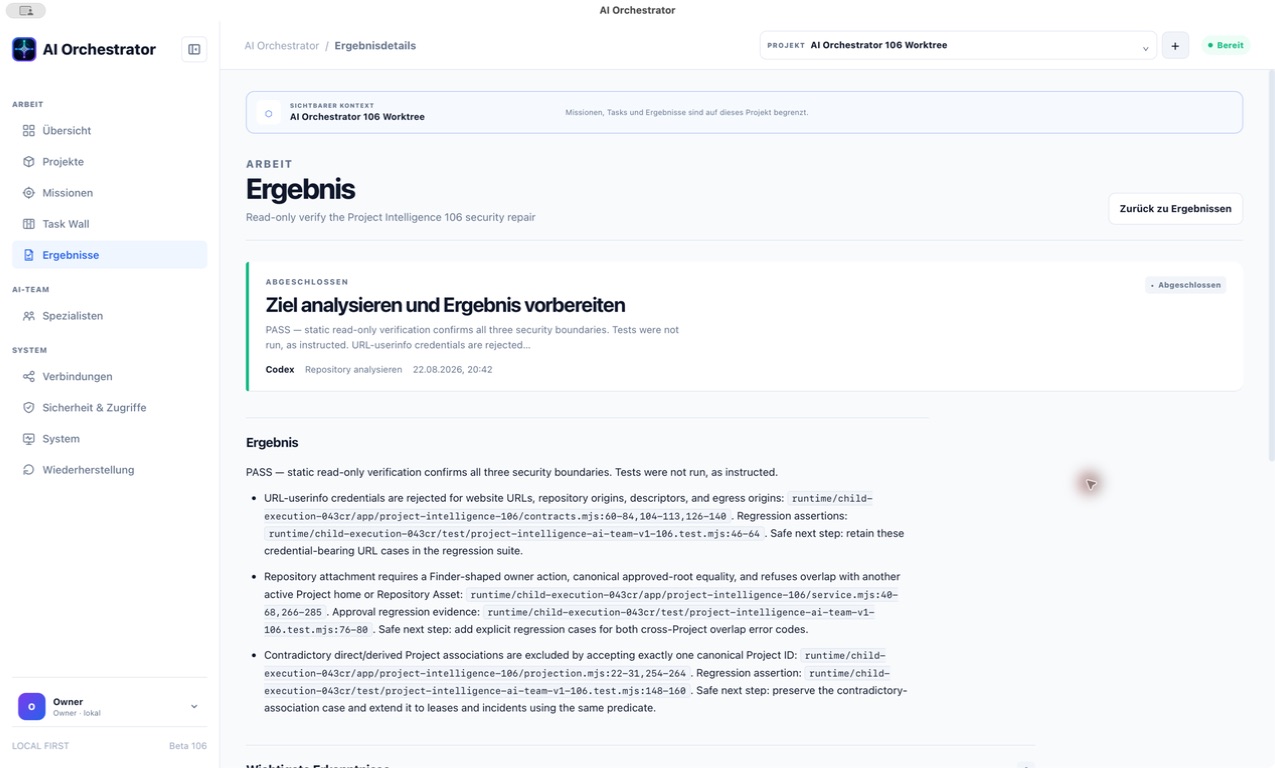 Ein abgeschlossenes Ergebnis der Founding Beta mit PASS-Vermerk, Belegen auf Datei- und Zeilenebene und dem Banner „Sichtbarer Kontext“.